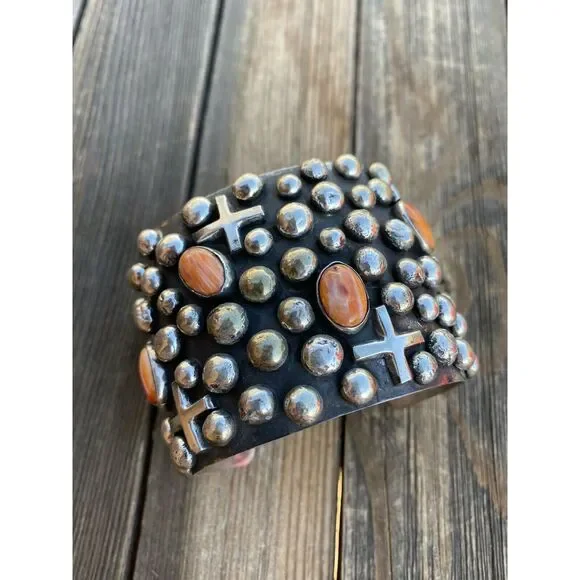 Navajo Sterling Silver & Orange Spiny Cross Bracelet By Chimney Butte Signed